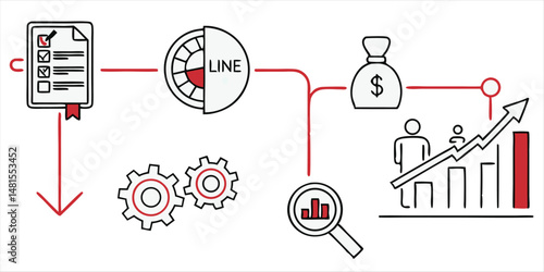  Business infographic illustration showing a process workflow from checklist to financial gain and statistical analysis