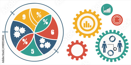 Gear mechanism infographics showing statistics and percentage data breakdown, representing teamwork and business strategy development