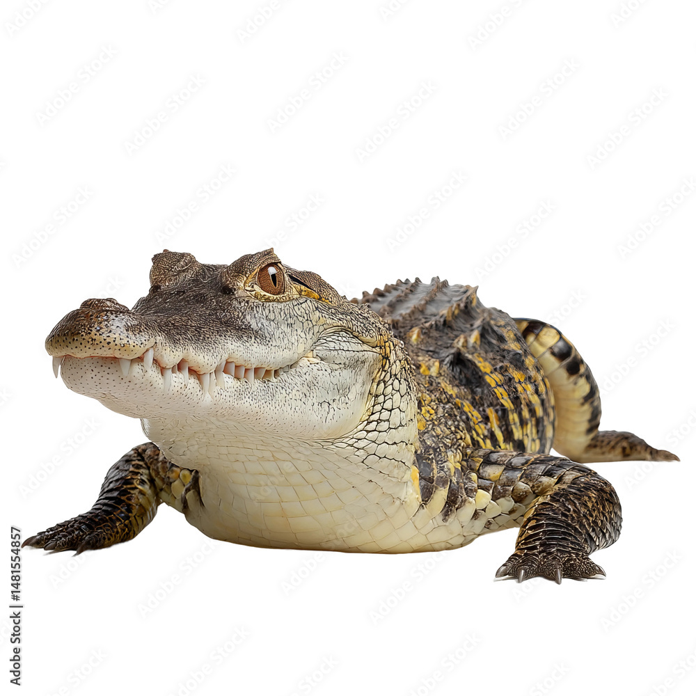 Fototapeta premium A close-up of a crocodile with its mouth closed, showing its sharp teeth. The crocodile is lying on its belly, its head raised, and looking directly at the camera.