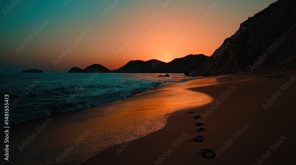 A beautiful serene sunset over the beach and ocean scenery A beautiful serene sunset over the beach and ocean scenery