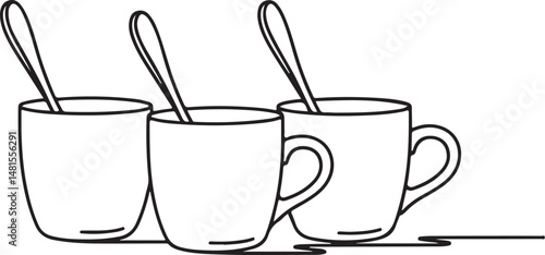 A hot morning beverage illustration of coffee, tea, and milk in cups and mugs with steam