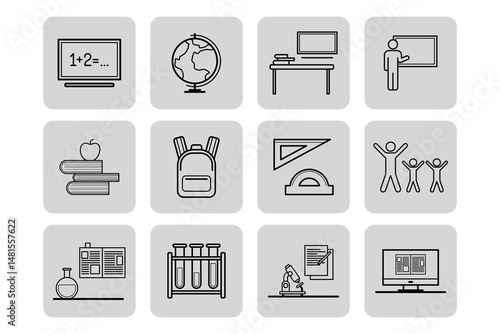 Diverse set of icons representing various aspects of education, including teaching tools, scientific equipment, and study materials