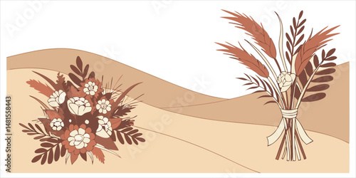 Pastel botanical arrangement with flower bouquets and wheat, romantic countryside decoration element on soft colors background, vector illustration
