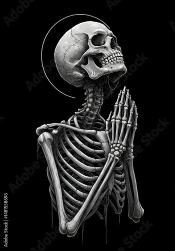 Praying Skeleton Illustration: Detailed Artwork of a Human Skeleton in a Religious Pose with Halo on a Dark Background