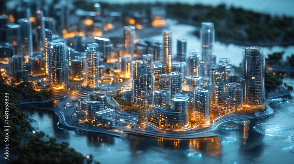 Naklejka premium A high-tech urban development area featuring floating holographic construction models
