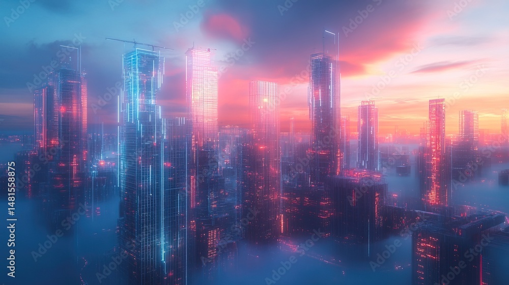 Naklejka premium A high-tech urban development area featuring floating holographic construction models