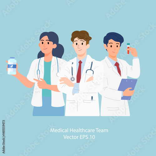 Medical Healthcare Team Vector Illustration Flat Design – Doctor Medical Technologist and Pharmacist in White Coats