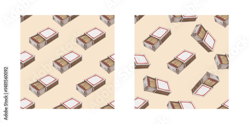 Colored seamless pattern set with hand drawn vintage sketch of open matchbox