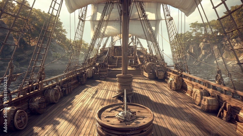 Obraz premium Impressive mixed media depiction of a pirate ship against a vibrant backdrop.