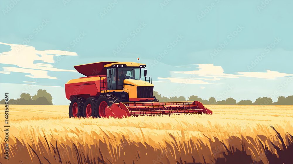 Obraz premium A combine harvester operates in a golden wheat field under a blue sky.