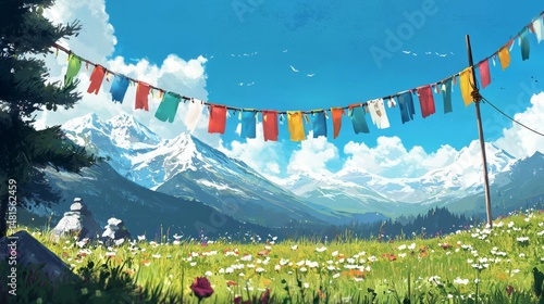 The illustration captures the essence of serenity and spirituality associated with Tibetan prayer flags.