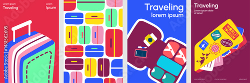 Colorful travel posters set featuring suitcases, luggage, and travel essentials in flat design style with vibrant tones for vacation, journey, tourism, and adventure themes.