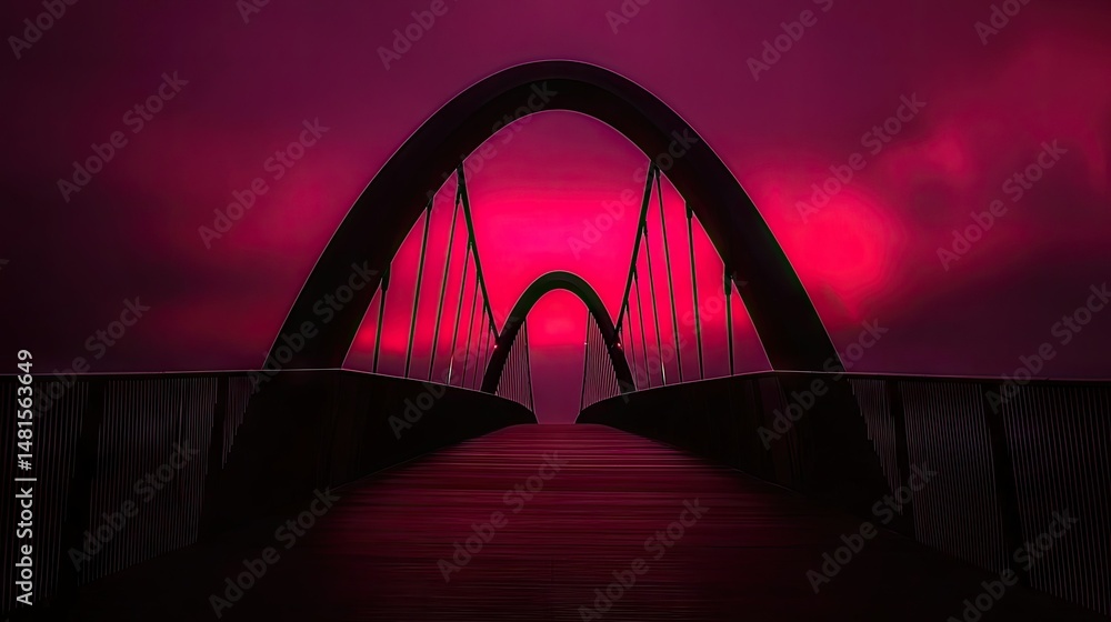 Obraz premium Modern bridge spanning in front of a vibrant red and pink sky