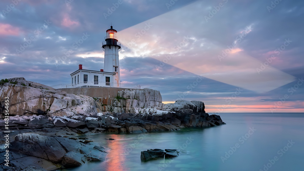 Fototapeta premium White Lighthouse on Rocky Coast at Dawn
