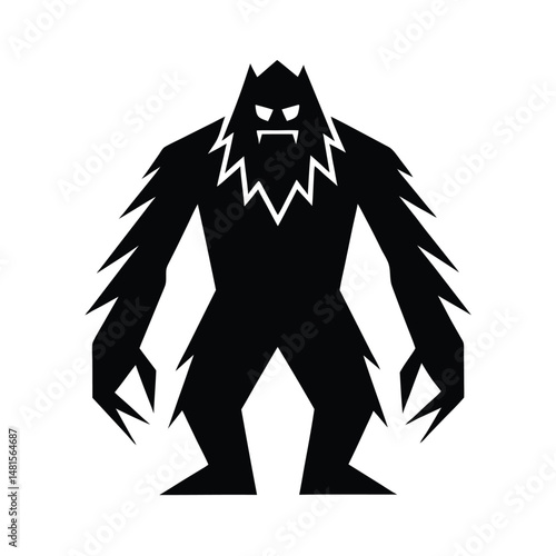 Stylized illustration of a silhouette bigfoot monster creature in flat black and white design for graphics