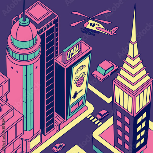 Aerial view of a neon-lit cyberpunk cityscape with glowing skyscrapers and vibrant digital billboards at night.