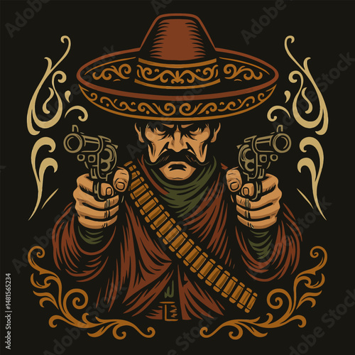 Pointing Guns Vigilante in Sombrero with Cartridge Belt Illustration