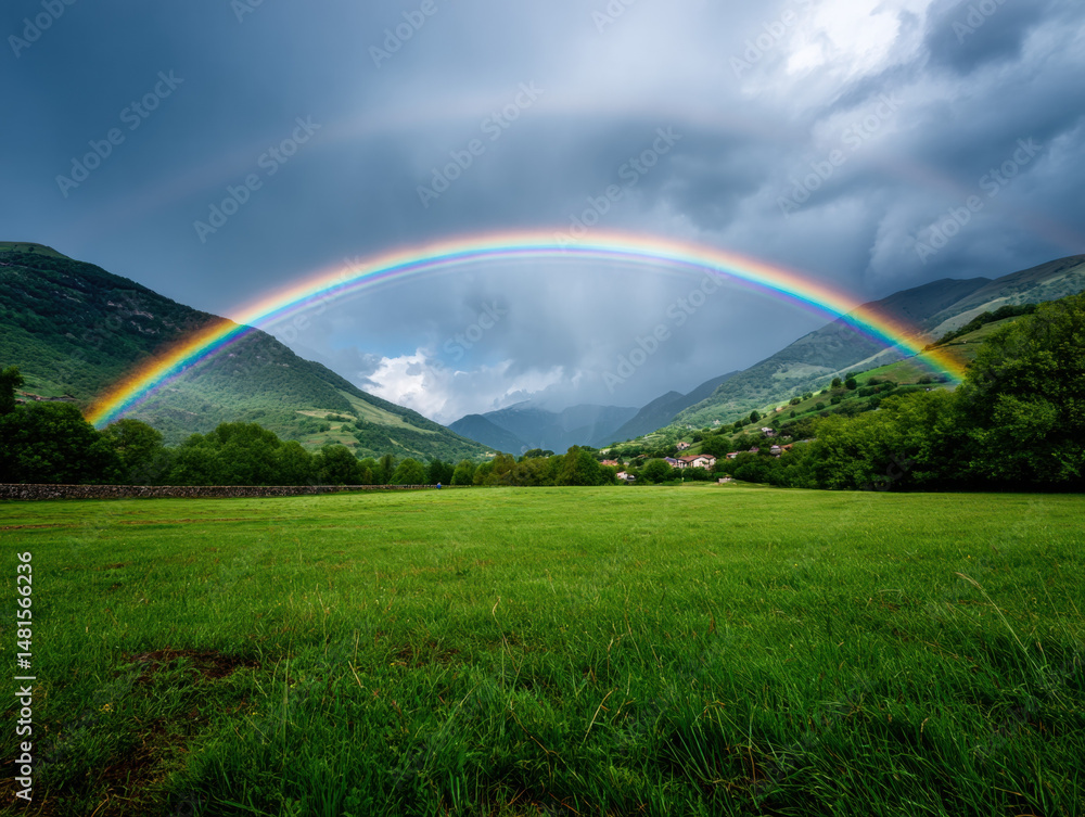 Naklejka premium Vibrant rainbow arches over lush green valley with mountains in background, under cloudy sky, creating peaceful and scenic landscape filled with natural beauty and tranquility