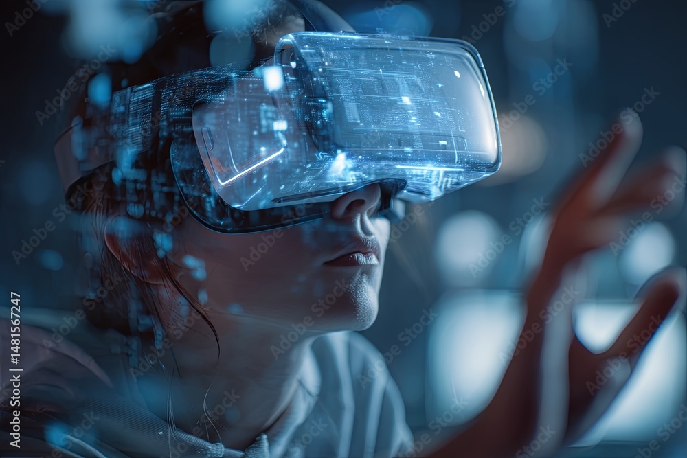 Engaged Person Using Virtual Reality Headset with Blockchain Data and Digital Information Displayed on Screen Engaged Person Using Virtual Reality Headset with Blockchain Data and Digital Information Displayed on Screen