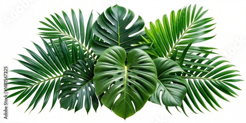  green leaves of tropical plants bush (Monstera, palm, rubber plant, pine, bird's nest fern). PNG, cutout, or clipping path.