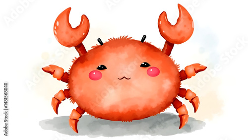 Cute Watercolor Illustration of Adorable Fluffy Kid Crab Doll with Soft Watercolor Background Perfect for Kids and Nursery Decor