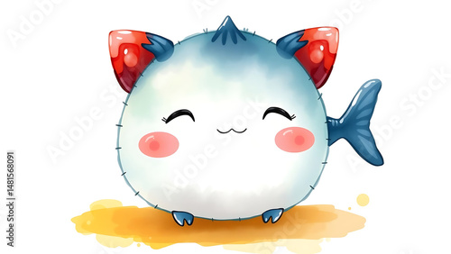 Cute Watercolor Illustration of Adorable Fluffy Kid Tuna Doll with Soft Watercolor Background Perfect for Kids and Nursery Decor