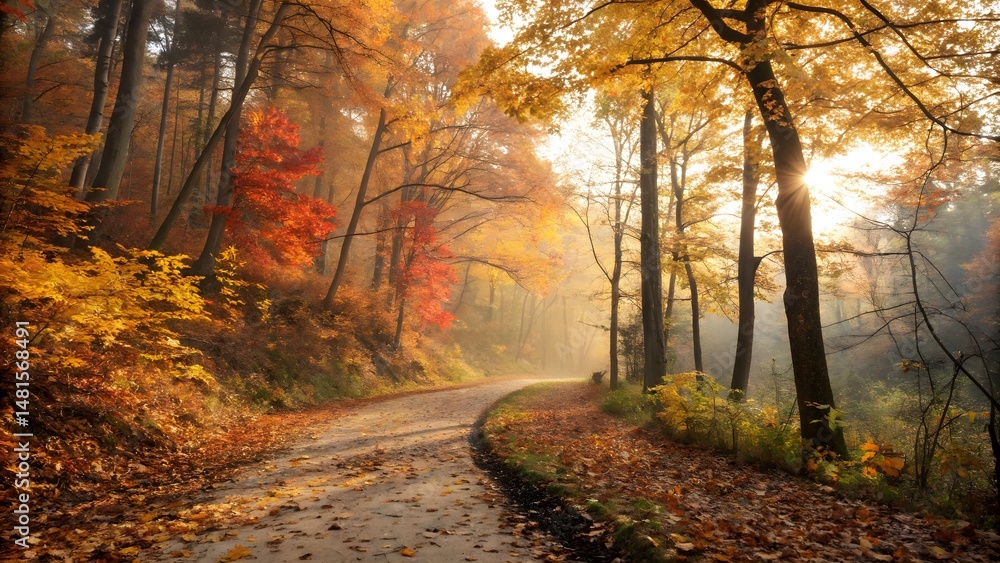 Obraz premium Autumn scenic walk forest path photography nature warm light serenity and reflection