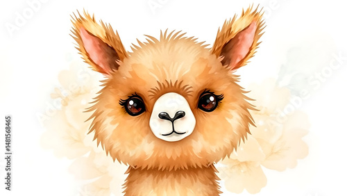 Cute Watercolor Illustration of Adorable Fluffy Kid Vicua Doll with Soft Watercolor Background for Kids and Collectors