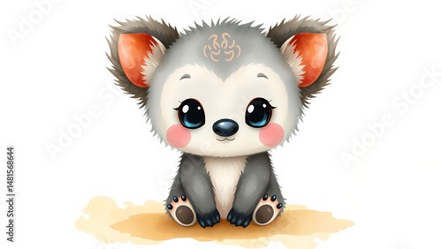 Cute Watercolor Illustration of Adorable Fluffy Kid Bushbaby Doll with Soft Watercolor Background