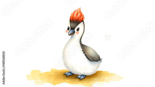 Cute Watercolor Illustration of Adorable Fluffy Kid Grebe Doll with Soft Watercolor Background