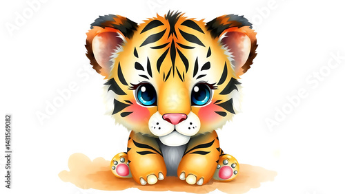 Cute Watercolor Illustration of Adorable Fluffy Kid Tiger Cub Doll with Soft Watercolor Background