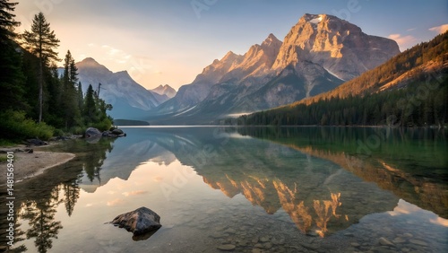 Fototapeta Naklejka Na Ścianę i Meble -  Majestic mountain reflection over serene lake nature's beauty landscape photography alberta canada dawn light tranquility