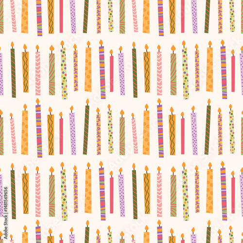Birthday seamless pattern with cute candles. Festive celebration pastel delicate vector background with hand drawn elements for scrapbooking, cards, media.