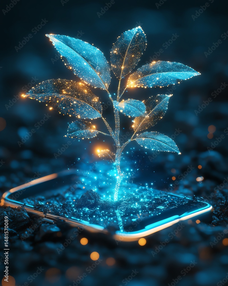 digital representation of vibrant tree sprouting from smartphone