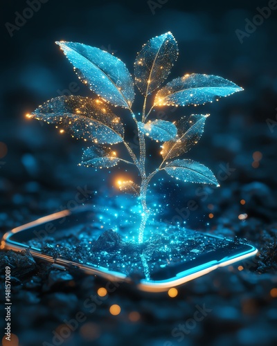 Obraz na płótnie digital representation of vibrant tree sprouting from smartphone w salonie