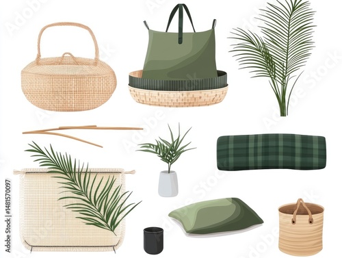 Natural woven baskets and accessories, showcasing a calming aesthetic.