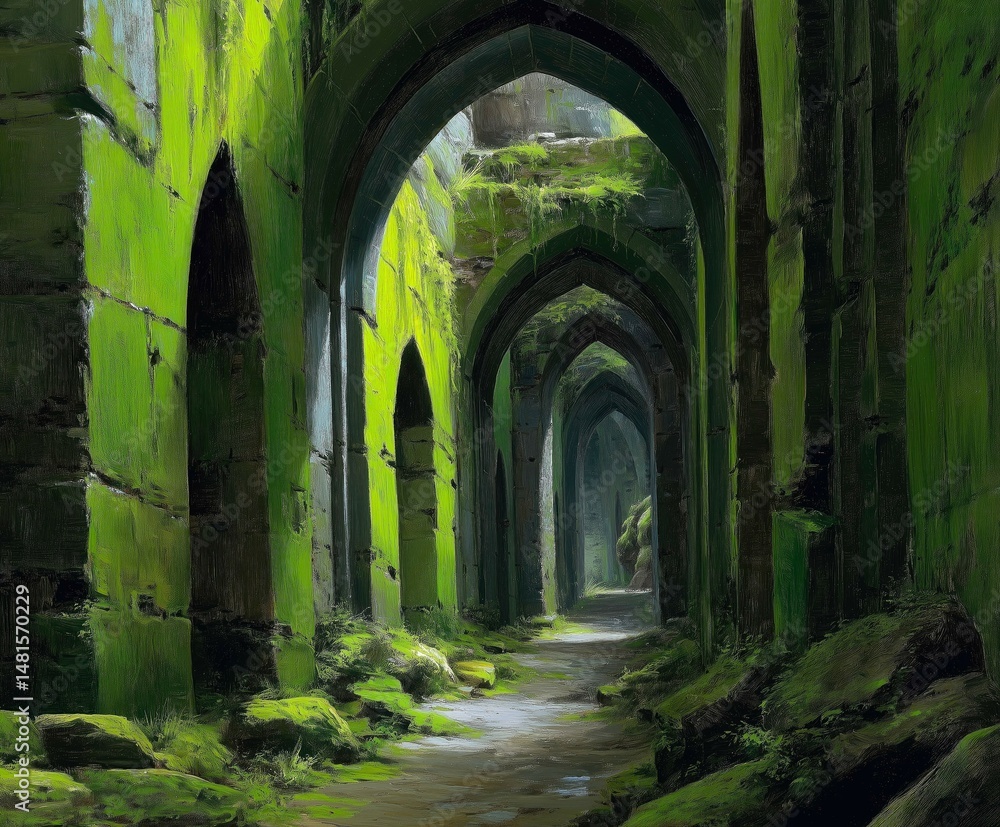 Naklejka premium Ancient stone corridor covered in lush green moss and arches.