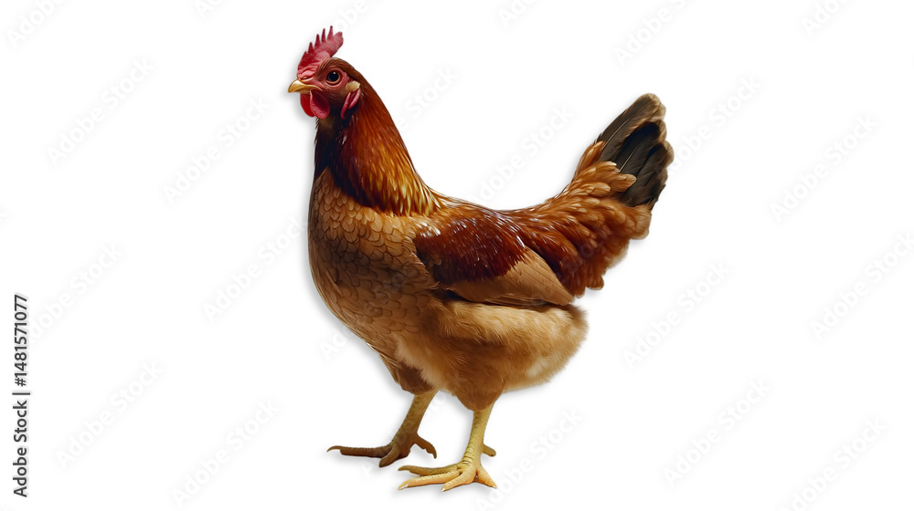 Fototapeta premium Chicken Stands Proudly with Feathers, Crest, Poultry, Animal, Beak and Farm Bird Poses