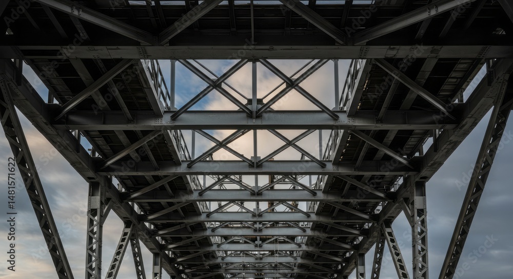 Low-angle view of a steel bridge structure against a cloudy sky background Low-angle view of a steel bridge structure against a cloudy sky background