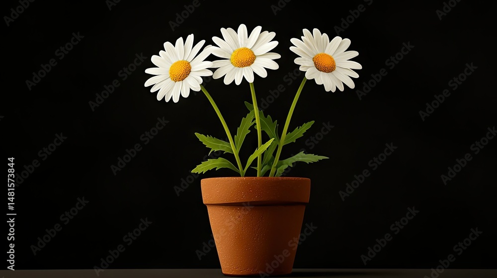 Three Daisies with Yellow Centers in a Brown Flower Pot Three Daisies with Yellow Centers in a Brown Flower Pot