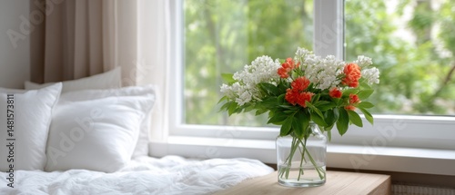A cozy bedroom with a vase of fresh flowers on a wooden table, brightened by natural light from the window.