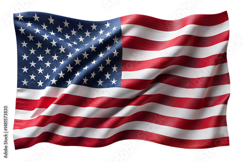 Waving American Flag With Fabric Texture On A White