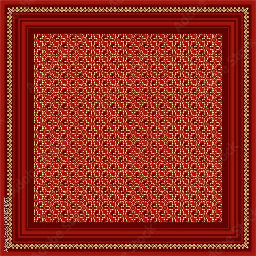 Elegant Square Scarf with Ornate Border and Geometric Pattern
This minimalist ethnic hijab scarf design features a geometric border with traditional patterns in an elegant maroon and gold color scheme