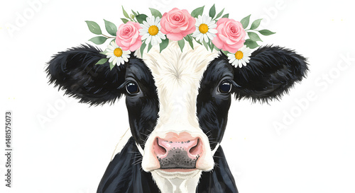 A super detailed watercolor of a cow's noggin with a white and black coat. The cow's rocking a flower crown made of daisies, pink roses, and green leaves