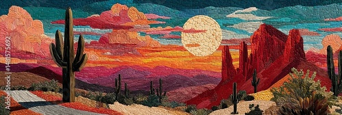 A bold, colorful mosaic of the Arizona desert featuring cacti, mountains, and a warm sunset with Native American geometric patterns.