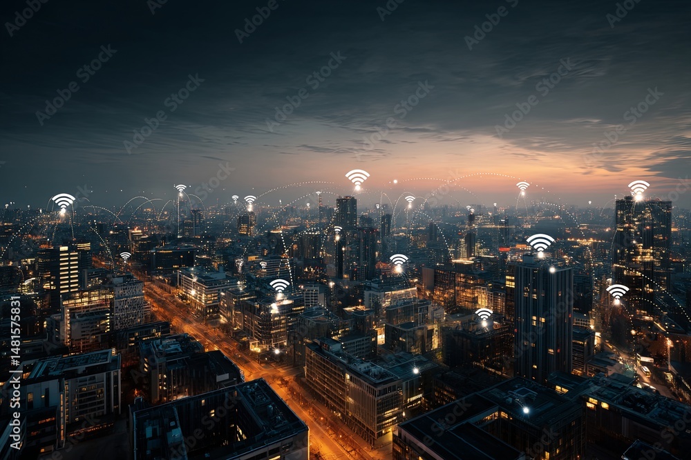 Fototapeta premium Night Cityscape with Wireless Connection Symbols Illustrating Urban Connectivity and Technology Trends