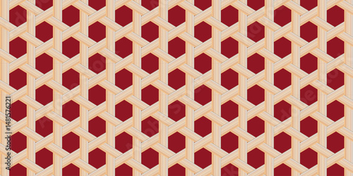 Seamless hexagonal woven wood pattern with light wood texture on dark background, ideal for interior, textile, or graphic design projects.