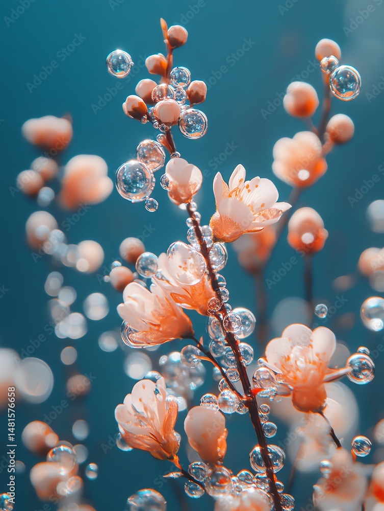 A macro photo showcases numerous bubbles adorning a twig and a floral centerpiece high resolution for isolate image