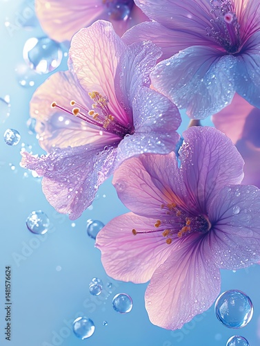 Obraz na płótnie A light watery pastel background with purple flowers and bubbles high resolution for isolate image w salonie