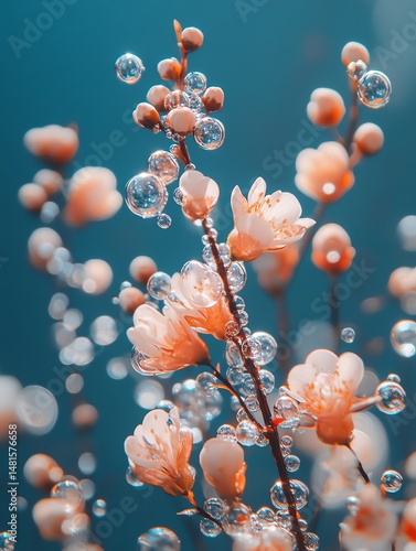 Obraz na płótnie A macro photo showcases numerous bubbles adorning a twig and a floral centerpiece high resolution for isolate image w salonie